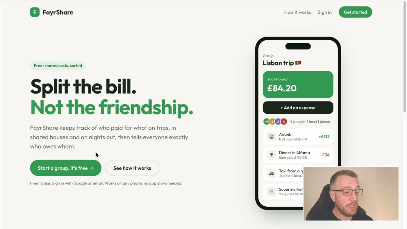 The FayrShare landing page: 'Split the bill. Not the friendship.' with a phone mockup showing a Lisbon trip group and an owed balance