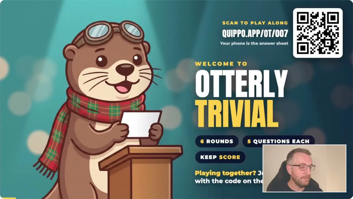 Title card for an Otterly Trivial episode: 'Welcome to Otterly Trivial', six rounds of five questions each, with a QR code to play along on your phone